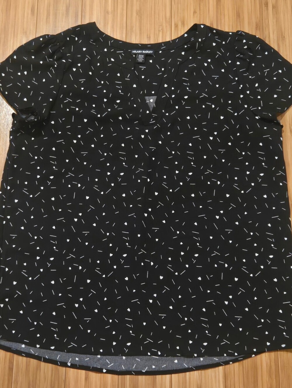 Hilary Radley Black V-Neck Top with White Confetti Print